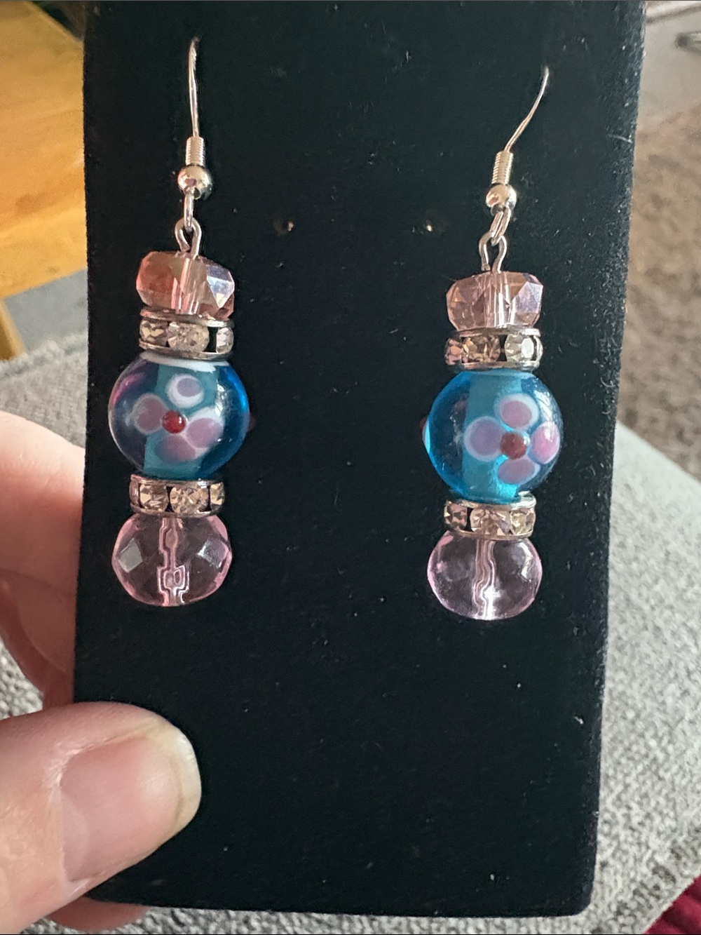 Hand Crafted Blue and Pink Floral Lampwork Bead Drop Earrings